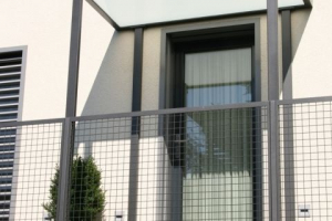 Glasvordach mit Metallstützen